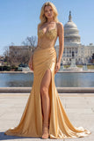 Sparkly Golden Mermaid Spaghetti Straps Corset Long Prom Dress with Slit