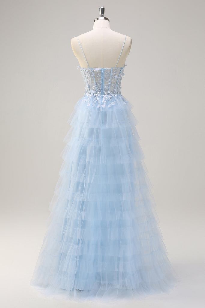 Zapaka Women Light Blue Prom Dress Spaghetti Straps A-Line Tulle Tiered