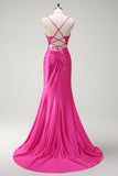 Sparkly Fuchsia Mermaid Spaghetti Straps Beaded Corset Satin Long Prom Dress with Slit