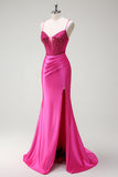 Sparkly Fuchsia Mermaid Spaghetti Straps Beaded Corset Satin Long Prom Dress with Slit