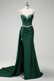 Sparkly Dark Green Mermaid Side Streamer Sequined Corset Satin Prom Dress with Slit