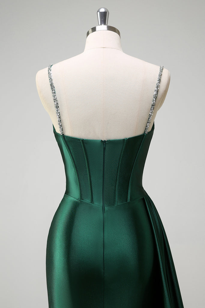Dark Green Sequins Mermaid Spaghetti Straps Long Evening Prom Dresses, Side Slit Prom Dress, PM0158 main image 1