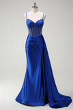 Sparkly Royal Blue Mermaid Beaded Corset Ruched Satin Long Prom Dress with Slit