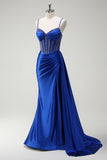 Sparkly Royal Blue Mermaid Beaded Corset Ruched Satin Long Prom Dress with Slit