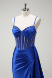 Sparkly Royal Blue Mermaid Beaded Corset Ruched Satin Long Prom Dress with Slit