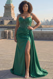 Dark Green Beaded Mermaid Corset Satin Plus Size Long Prom Dress with Slit