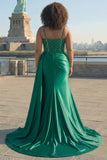 Dark Green Beaded Mermaid Corset Satin Plus Size Long Prom Dress with Slit