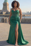 Dark Green Beaded Mermaid Corset Satin Plus Size Long Prom Dress with Slit