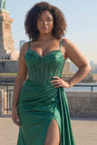 Dark Green Beaded Mermaid Corset Satin Plus Size Long Prom Dress with Slit