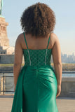 Dark Green Beaded Mermaid Corset Satin Plus Size Long Prom Dress with Slit