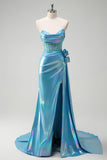 Metallic Blue Mermaid Strapless Corset Flowers Beaded Long Prom Dress with Slit