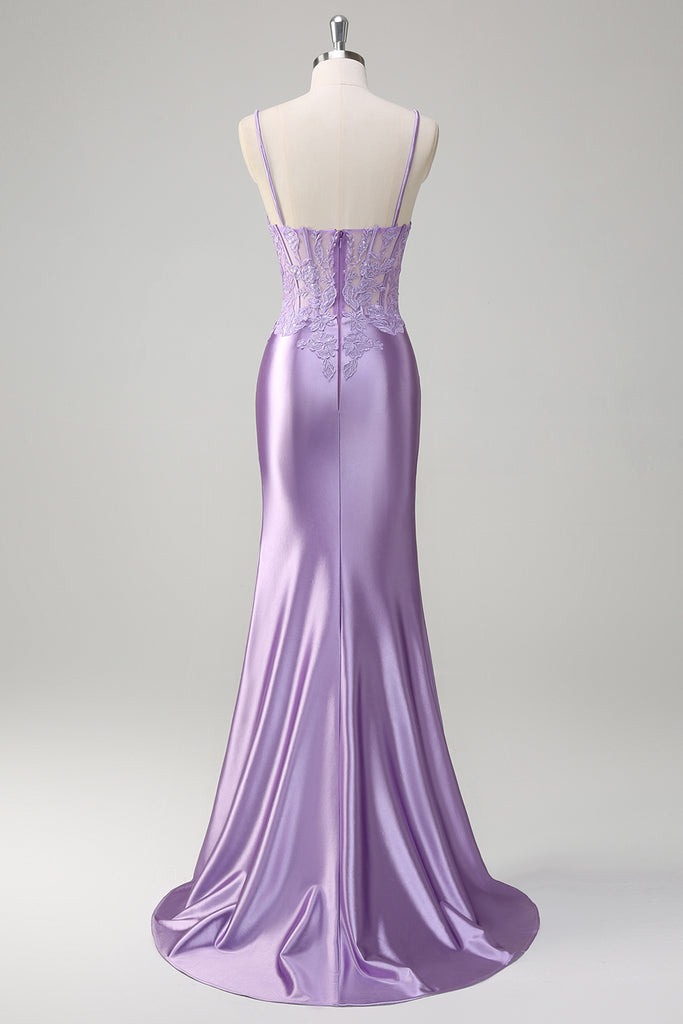 Lilac Floral Appliques Square Neck Mermaid Prom Dresses with Slit