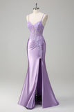 Lilac Mermaid Spaghetti Straps Long Prom Dress with Appliques