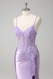 Lilac Mermaid Spaghetti Straps Long Prom Dress with Appliques