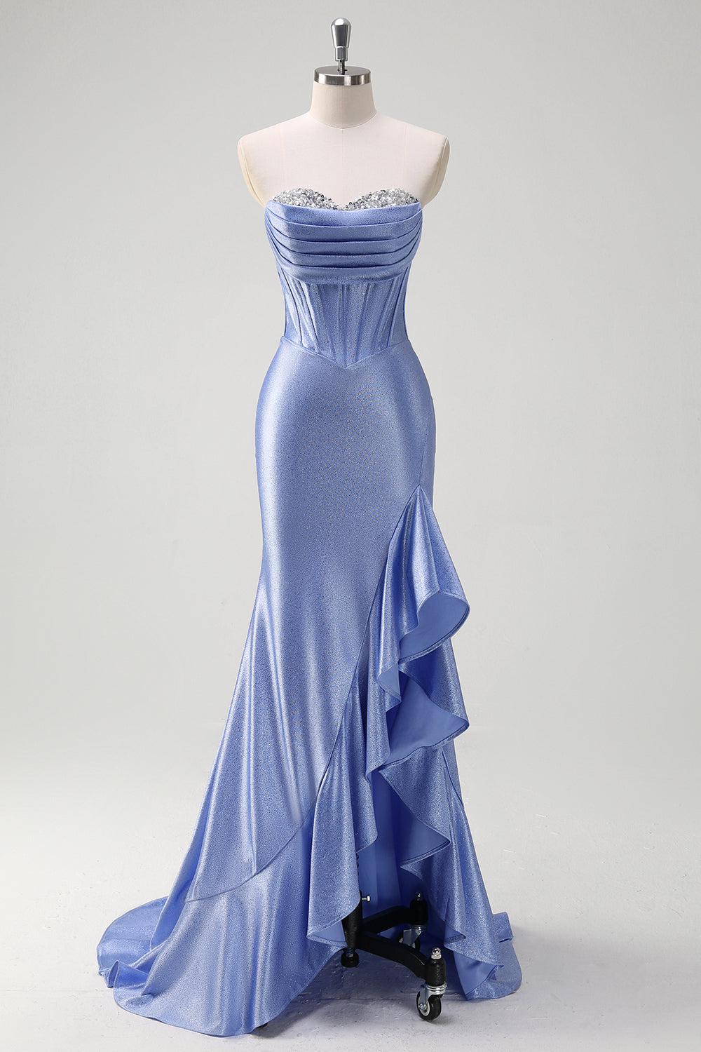 ZAPAKA Women Sparkly Grey Blue Mermaid Long Prom Dress Strapless Sequined Corset Ruffle Satin Evening Dress with Slit ZAPAKA Women Sparkly Grey Blue Mermaid Long Prom Dress Strapless Sequined Corset Ruffle Satin Evening Dress with Slit