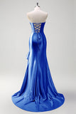 Sparkly Grey Blue Mermaid Strapless Ruffle Corset Satin Long Prom Dress with Slit