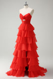 Orange Sweetheart Princess Tiered Long Prom Dress with Slit