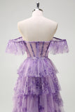 Lilac A-Line Off the Shoulder Corset Floral Ruffles Long Prom Dress with Slit