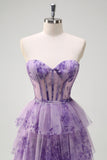 Lilac A-Line Off the Shoulder Corset Floral Ruffles Long Prom Dress with Slit