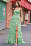 Green Floral A Line Strapless Ruffles Long Prom Dress with Slit