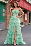 Green Floral A Line Strapless Ruffles Long Prom Dress with Slit