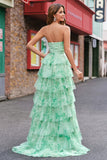 Green Floral A Line Strapless Ruffles Long Prom Dress with Slit