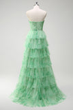 Floral Green A Line Strapless Ruffles Long Prom Dress with Slit