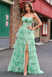 Green Floral A Line Strapless Ruffles Long Prom Dress with Slit