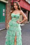 Green Floral A Line Strapless Ruffles Long Prom Dress with Slit