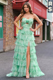 Green Floral A Line Strapless Ruffles Long Prom Dress with Slit