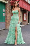 Green Floral A Line Strapless Ruffles Long Prom Dress with Slit