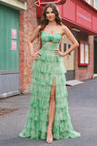 Green Floral A Line Strapless Ruffles Long Prom Dress with Slit