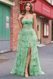 Green Floral A Line Strapless Ruffles Long Prom Dress with Slit