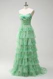 Floral Green A Line Strapless Ruffles Long Prom Dress with Slit