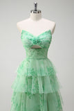 Floral Green A Line Strapless Ruffles Long Prom Dress with Slit