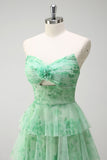 Floral Green A Line Strapless Ruffles Long Prom Dress with Slit