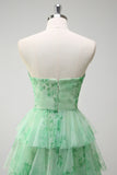 Floral Green A Line Strapless Ruffles Long Prom Dress with Slit