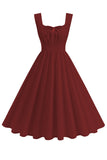 Burgundy Square Neck A-Line Midi 1950s Dress