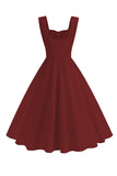 Burgundy Square Neck A-Line Midi 1950s Dress