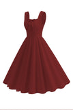 Burgundy Square Neck A-Line Midi 1950s Dress