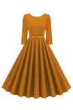 Yellow Round Neck Short Sleeves A-Line Midi 1950s Dress with Belt