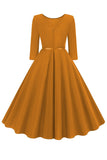 Yellow Round Neck Short Sleeves A-Line Midi 1950s Dress with Belt