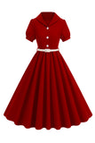 Black V-neck Short Sleeves A-Line Midi 1950s Dress with Belt