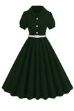 Black V-neck Short Sleeves A-Line Midi 1950s Dress with Belt