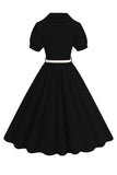 Black V-neck Short Sleeves A-Line Midi 1950s Dress with Belt