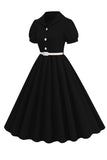 Black V-neck Short Sleeves A-Line Midi 1950s Dress with Belt