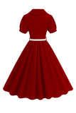 Black V-neck Short Sleeves A-Line Midi 1950s Dress with Belt