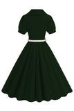 Black V-neck Short Sleeves A-Line Midi 1950s Dress with Belt