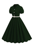 Black V-neck Short Sleeves A-Line Midi 1950s Dress with Belt