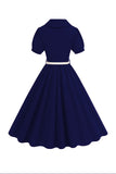 Black V-neck Short Sleeves A-Line Midi 1950s Dress with Belt